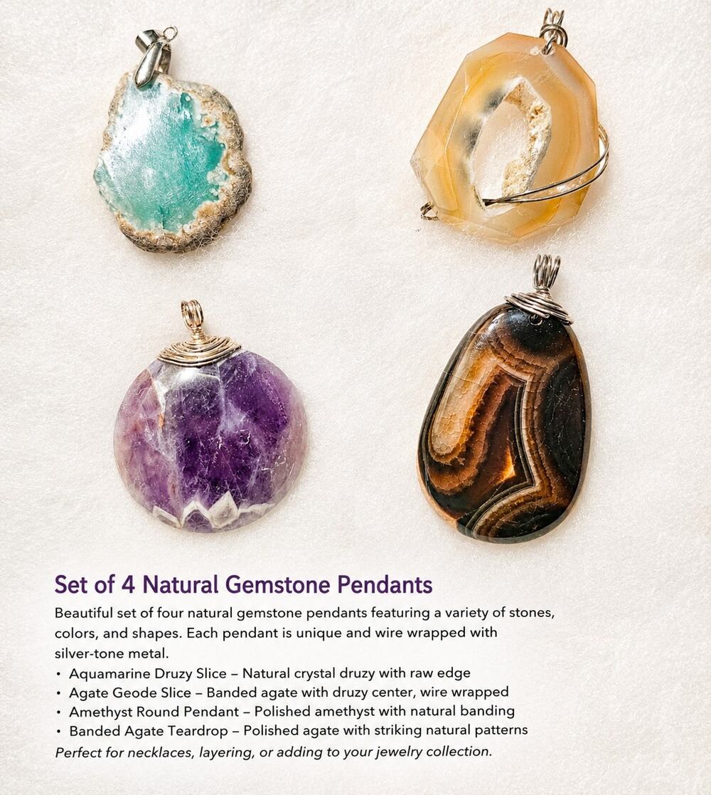 Lot of 4 Natural Gemstone Pendants Wire Wrapped Agate Amethyst Druzy Jewelry